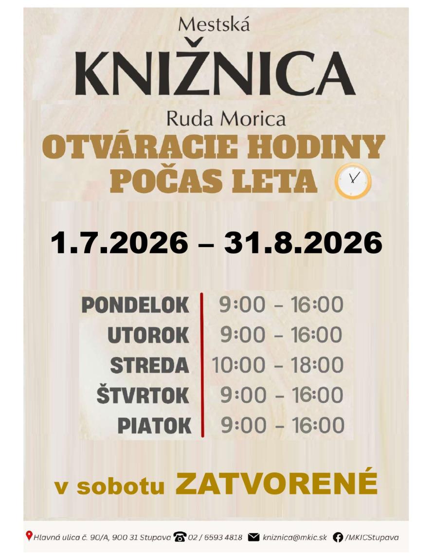 Otváracie hodiny LETO 2026 Otváracie hodiny LETO 2026